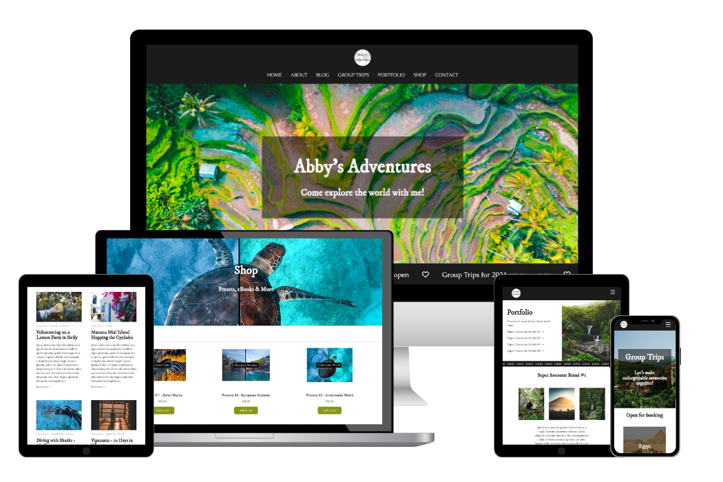 Mockups of the website 'Abby's Adventures' on multiple devices