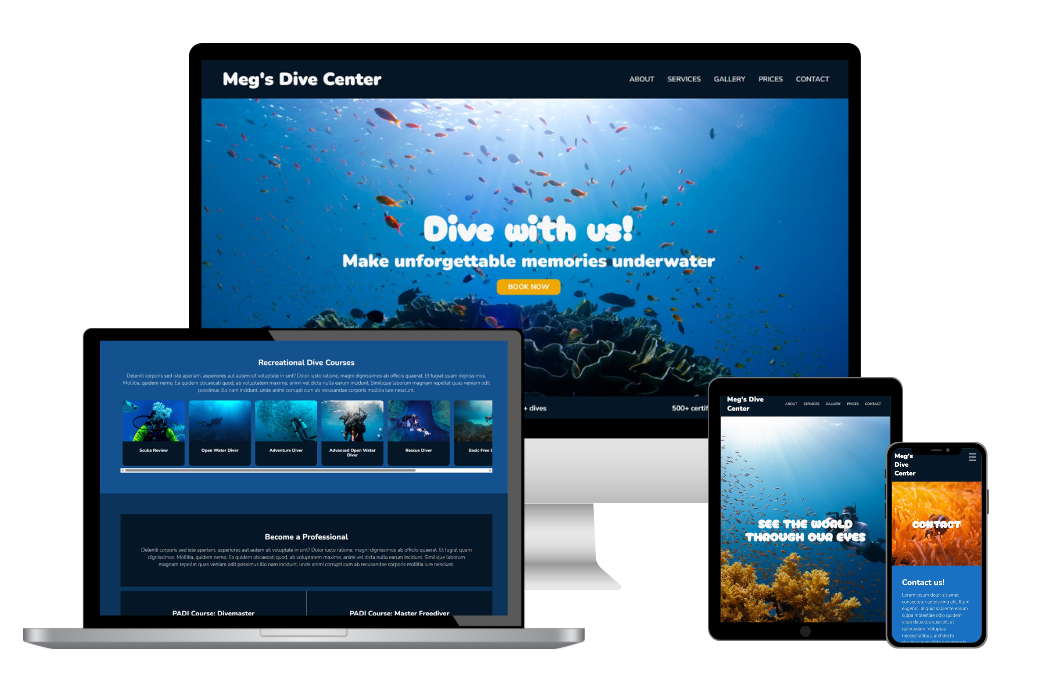 Mockups of the website 'Megs's Dive Center' on multiple devices